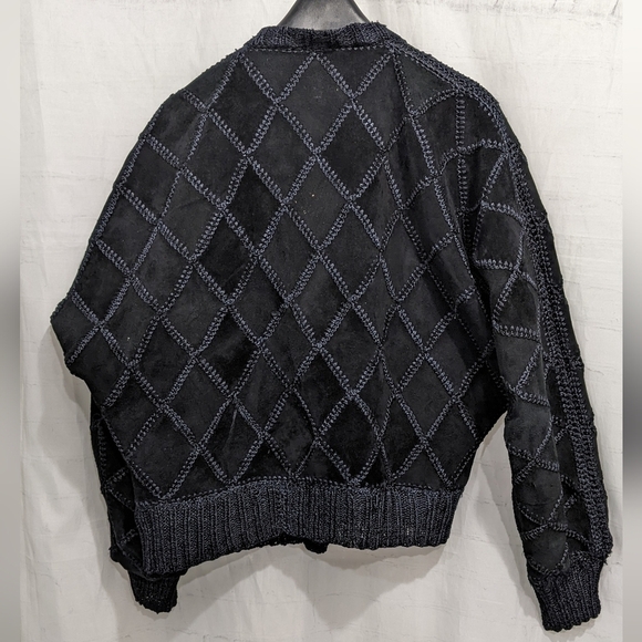 Vintage 70s Suede Patchwork Jacket Batwing Crochet Button-Down Black Boho Sz M - Picture 7 of 11
